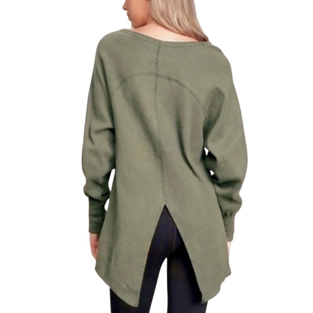 Free People Sz S Olive Green Waffle Knit Thermal Top Oversized Split Back Cozy